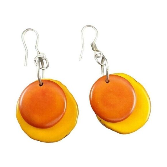 VINTAGE  Fun Orange & Yellow Round Disc Dangle Pierced Earrings Jewelry - Picture 1 of 6